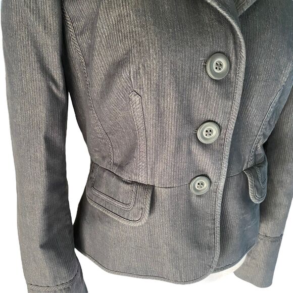 Ann Taylor Loft Gray Blue Denim Pinstripe Casual Blazer Lined Shoulder Pad 6 - Picture 5 of 13